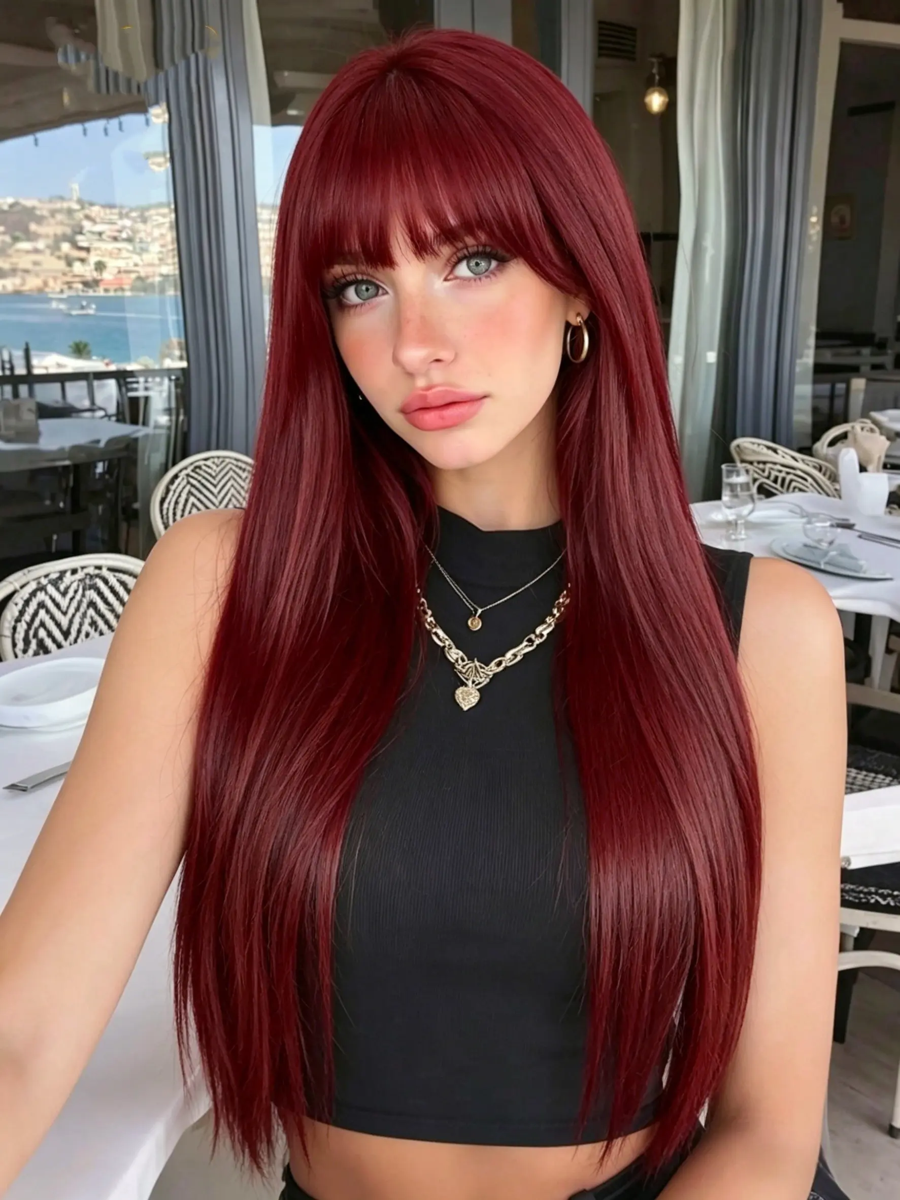 30-Inch 99J Red Wine Long Straight Synthetic Wig, Heat-Resistant Fiber, Adjustable Breathable Cap, Suitable for All Skin Tones, Daily Use/Party/Vacation/Cosplay, Synthetic Hair Wigs, Synthetic Material Wigs