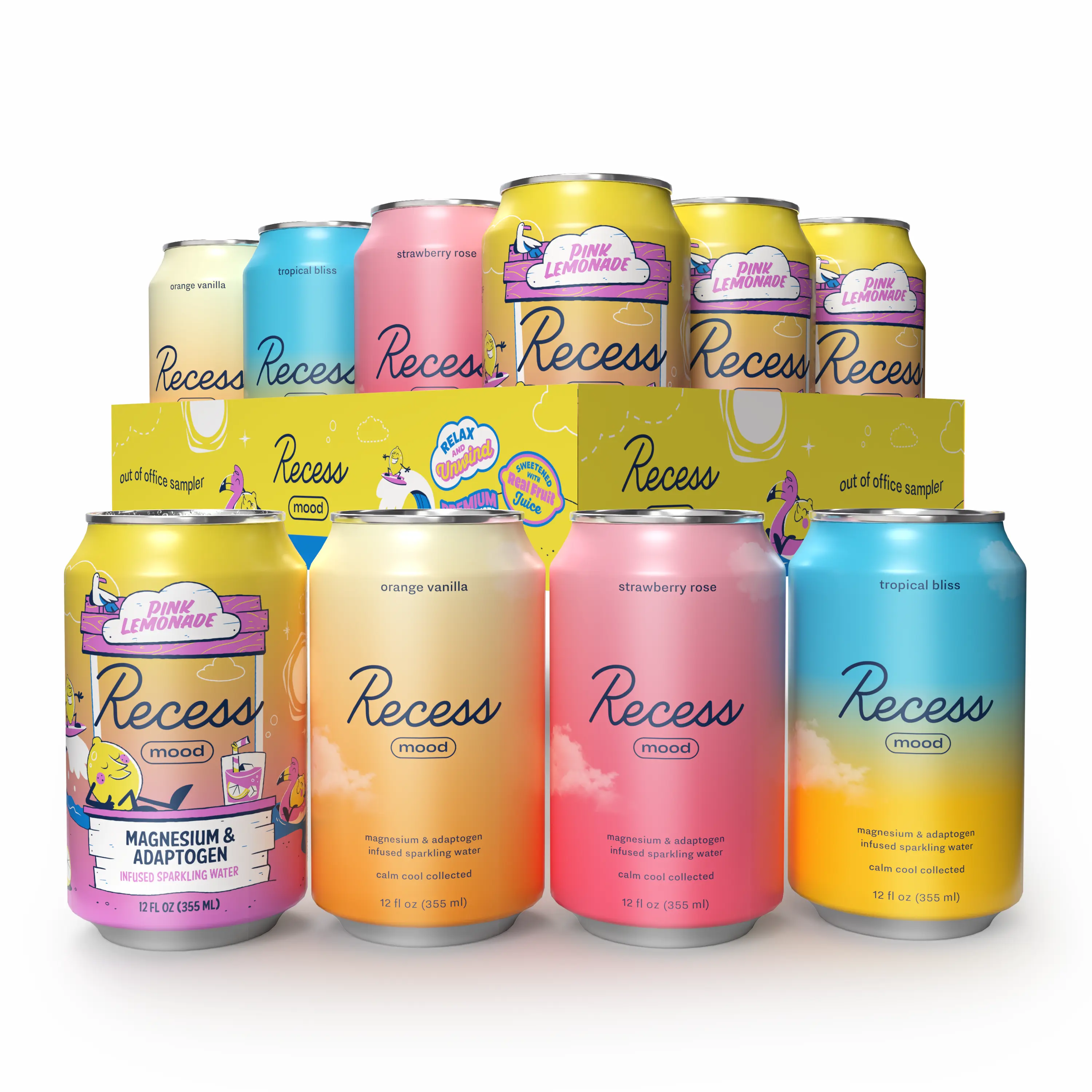 Recess Mood Magnesium & Adaptogen Drink, Relaxation Beverage, 12 ounce (Out of Office Sampler, 12 pack)