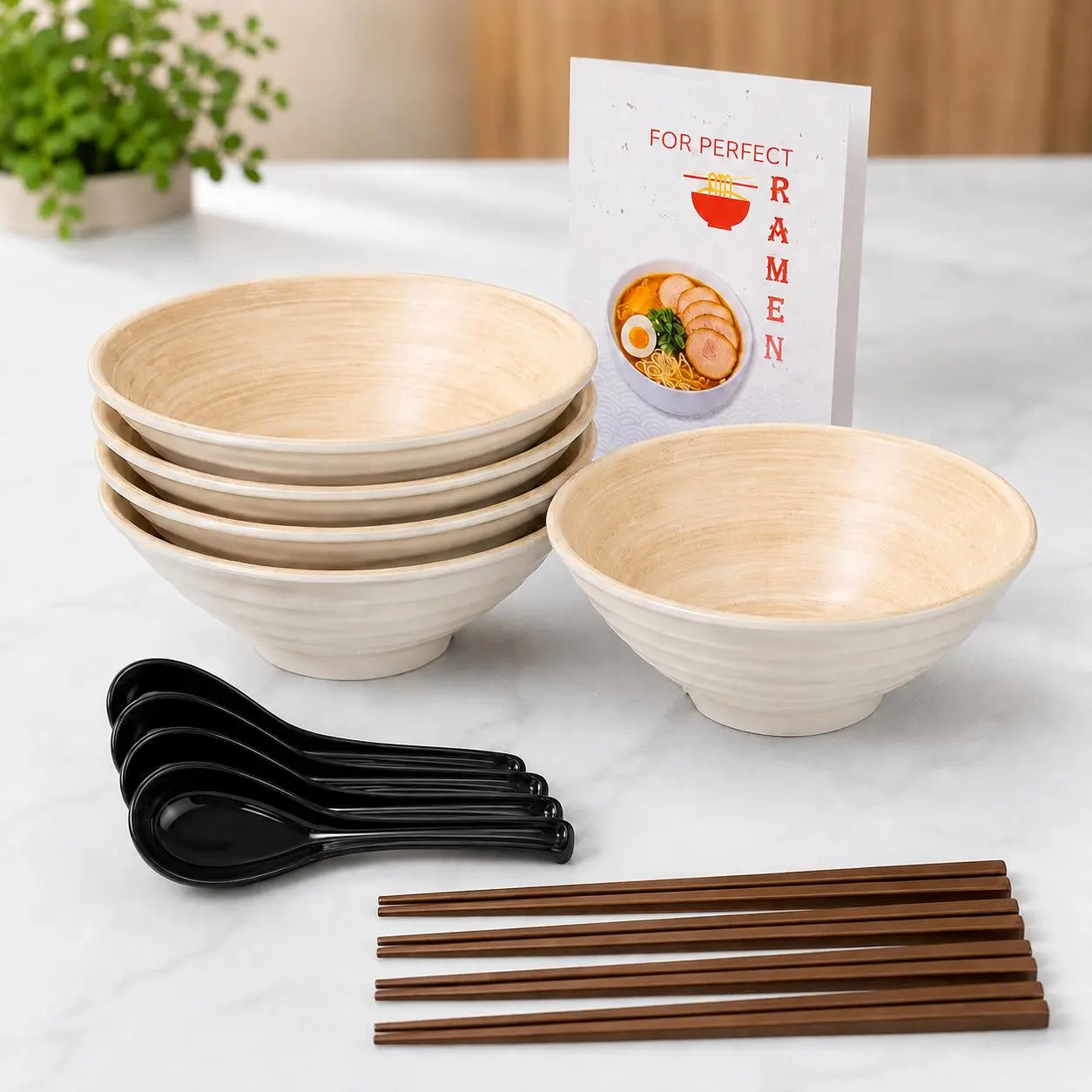 4 Pack Large Ramen Bowl Set (49.5 Oz) Melamine Noodle Bowls with Chopsticks and Soup Spoons, Complete Asian Japanese Chinese Pho Soup Dinnerware Set, Durable Unbreakable Tableware for Home & Restaurant
