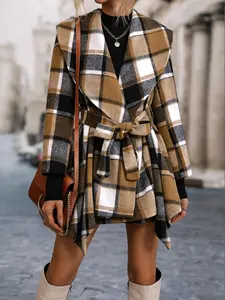 Women's Plaid Print Asymmetrical Hem Belted Coat Casual Long Sleeve Waterfall Outerwear for Fall Winter Fitted Womenswear Jackets Tops Style