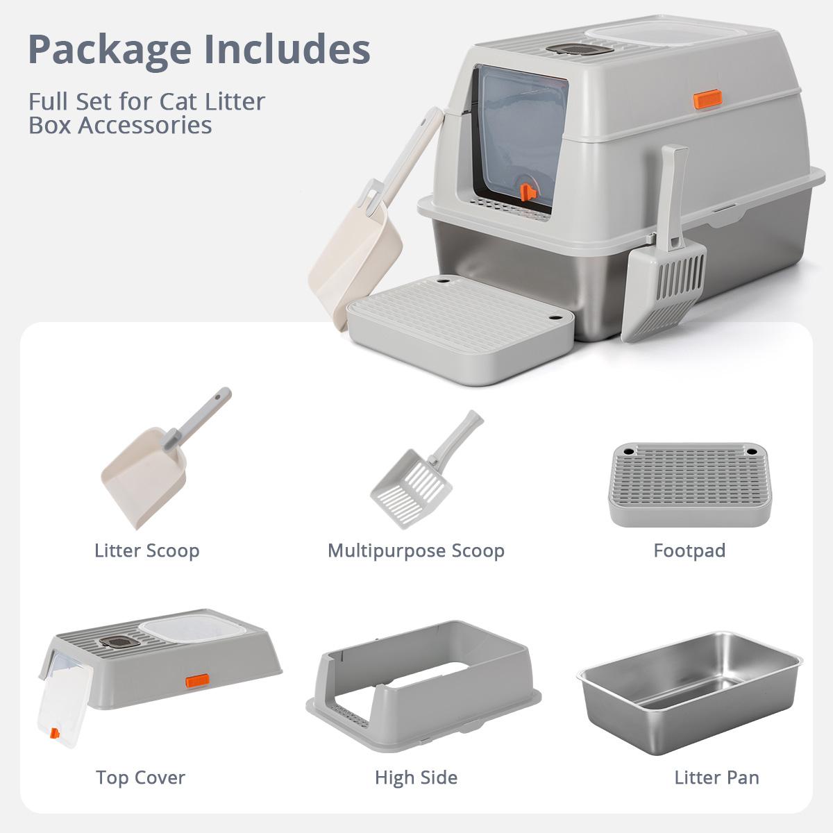 DOMIPET 3IN1 Stainless Steel Cat Litter Box 20L with Lid, XL Cat Litter Pan, Enclosed Metal Litter Box with 2x Litter Scoop & Filter Pedal, Front & Top Dual Entry, Large Metal Litter Box High Sided Design,Anti-Urine Leakage, EasyCleaning