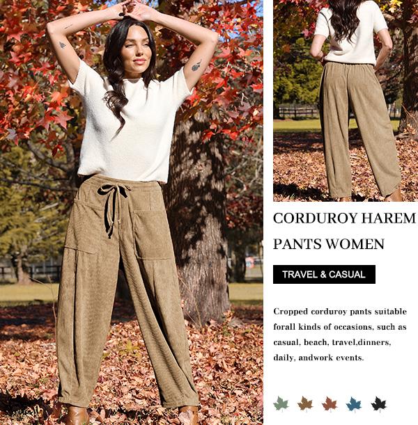 TARSE Women’s Corduroy Wide Leg Pants Baggy Minimalist Boho Pants Casual Elastic Waisted Palazzo Harem Pants with Pockets Trendy Barrel Trousers Womenswear Loose