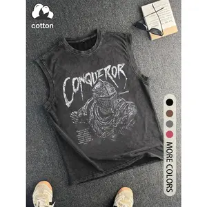 CONQUEROR Vintage Distressed Tank Top, Trendy Round Neck Sleeveless Summer Streetwear