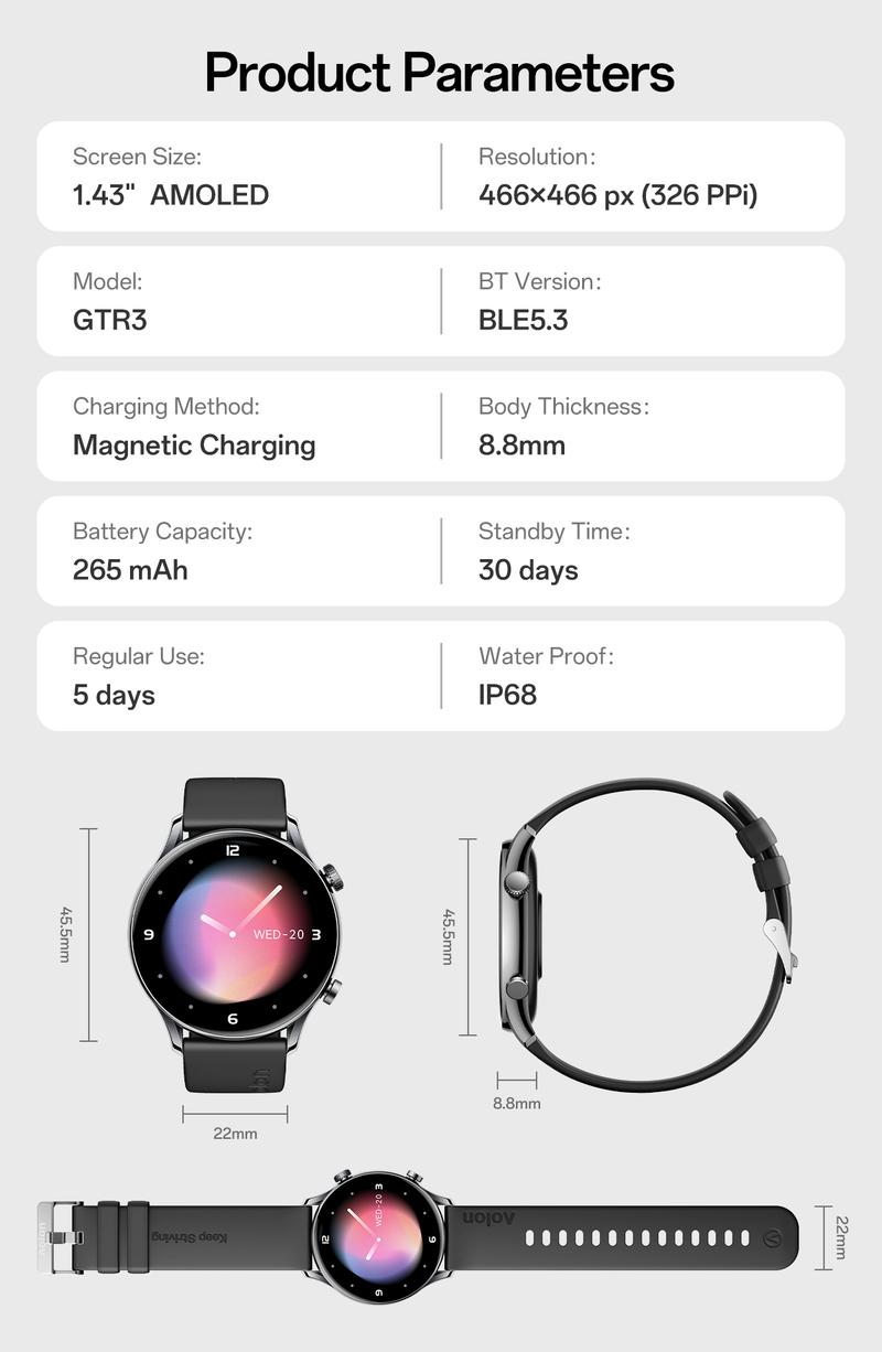 Aolon GTR3 Smartwatch — a perfect Valentine’s Day gift, 1.43" AMOLED HD display, AOD, heart rate monitoring, 110+ sports modes, waterproof, and up to 120-hour battery life. Compatible with iOS & Android, multiple colors, USB rechargeable, for Women & Men