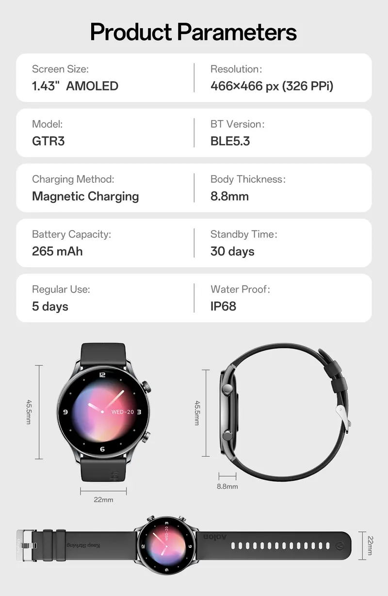 【Ultra-Slim】Aolon GTR3 Wearable Smartwatch: 1.43" AMOLED Display, Bluetooth Calls, Fitness & Sleep Tracking, 110+Sport Modes, IP68 Water Resistant, Fast Charging, 120-Hour Battery, iOS & Android, Great Gift for Men & Women. #sohochic#tiktokshopstockup