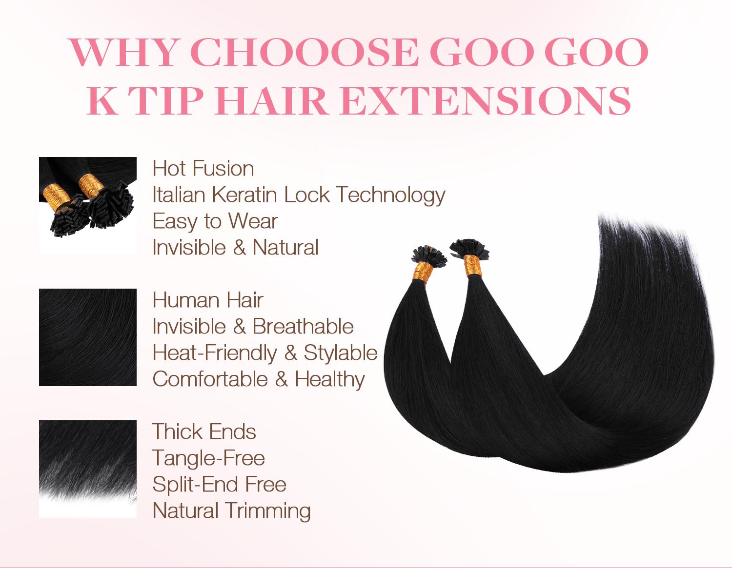 GOO GOO K Tip Hair Extensions Real Human Hair 14-24inch 50G K tips & Mini K tips extensions Keratin Bond Hot Fusion Pre Bonded Hair Extensions Flat Tip Natural Straight Remy Hair Extensions for Women#SpringStatements