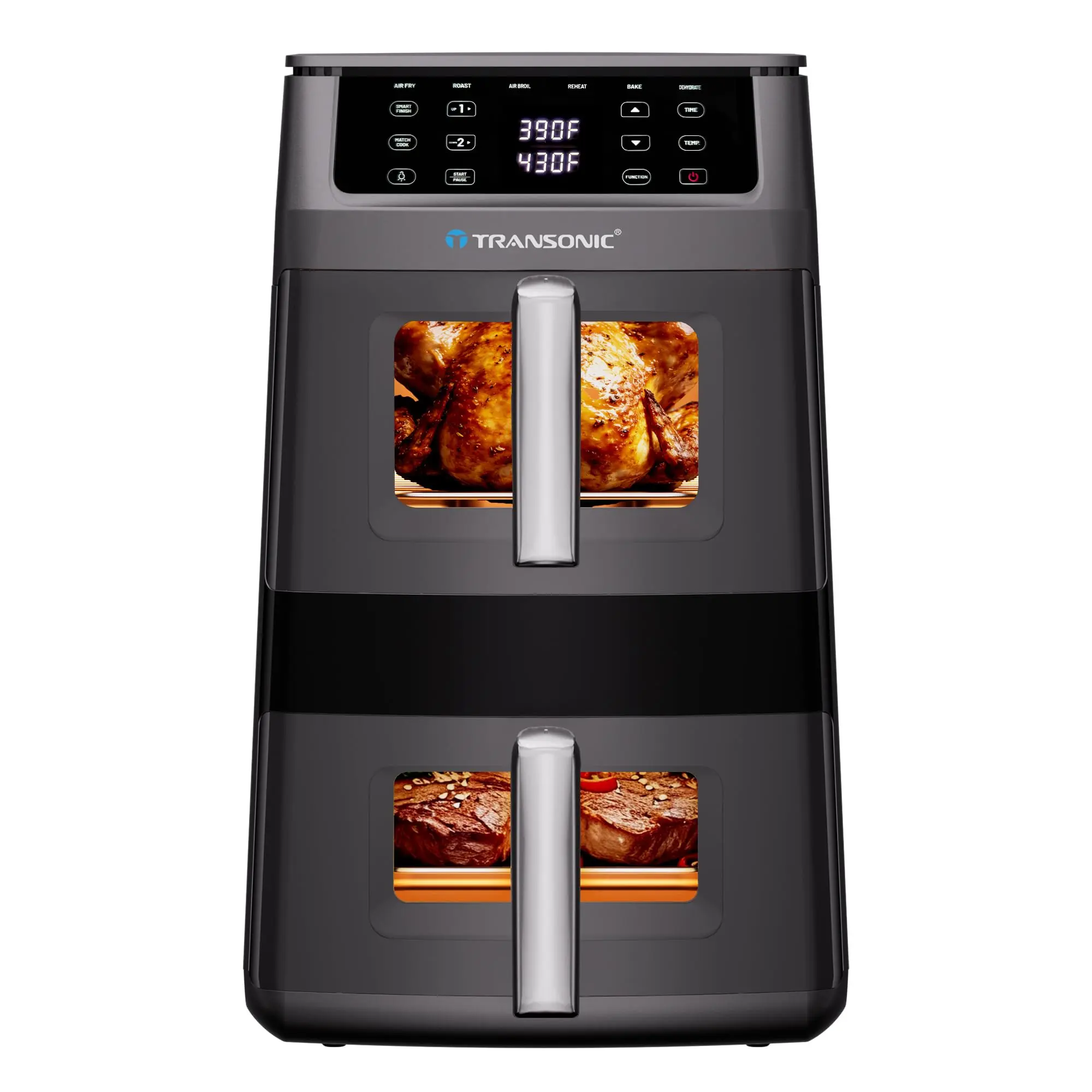 Transonic 11QT Air Fryer Dual Basket for Chicken & Ribs, 430°F High-Heat Broil, 360° Circulation, 6 in 1 Preset, BPA Free