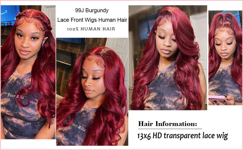 Tuneful 99j Burgundy Body Wave Hair Wig 13x6 HD Transparent Lace Front Wigs Human Hair 32Inch Burgundy Wig Human Hair 180% Density Brazilian Virgin Straight Human Hair Wigs for Women