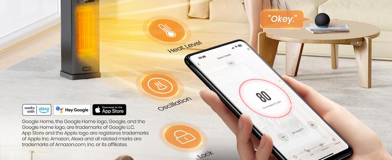 MORENTO Space Heaters 15.7inch for Indoor Use, Wi-Fi & Voice Control, Portable Heater with Thermostat, 1500W Electric Heater, 12H Timer, Quiet Space Heater(Black)