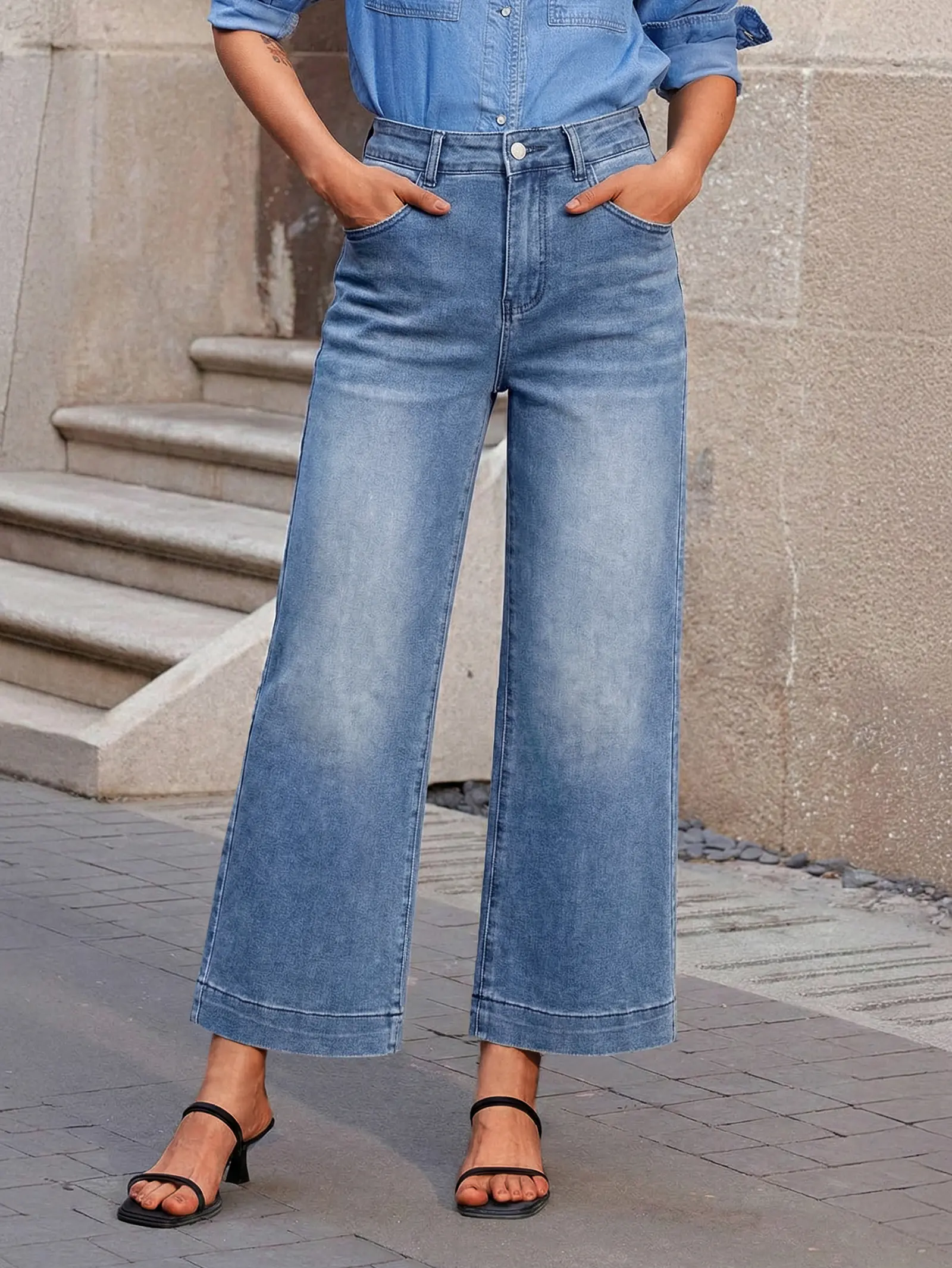 EMMIOL Women's 2026 Wide Leg Jeans Distress High Waist Stretchy Baggy Denim Pants Trousers Clothing