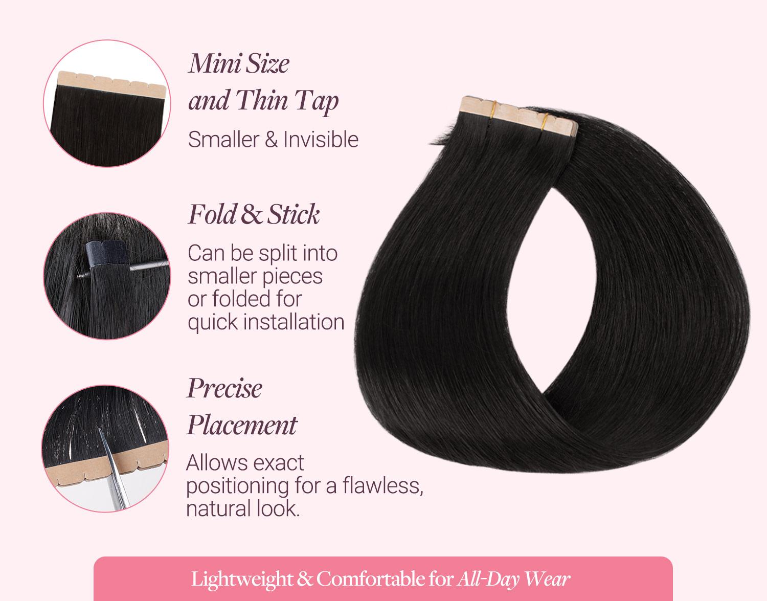 GOO GOO Mini Tape In Human Hair Extensions, 10Pcs Invisible Tape In Hair Extensions Real Human Hair 14-24 Inch for Beauty and Natural Look