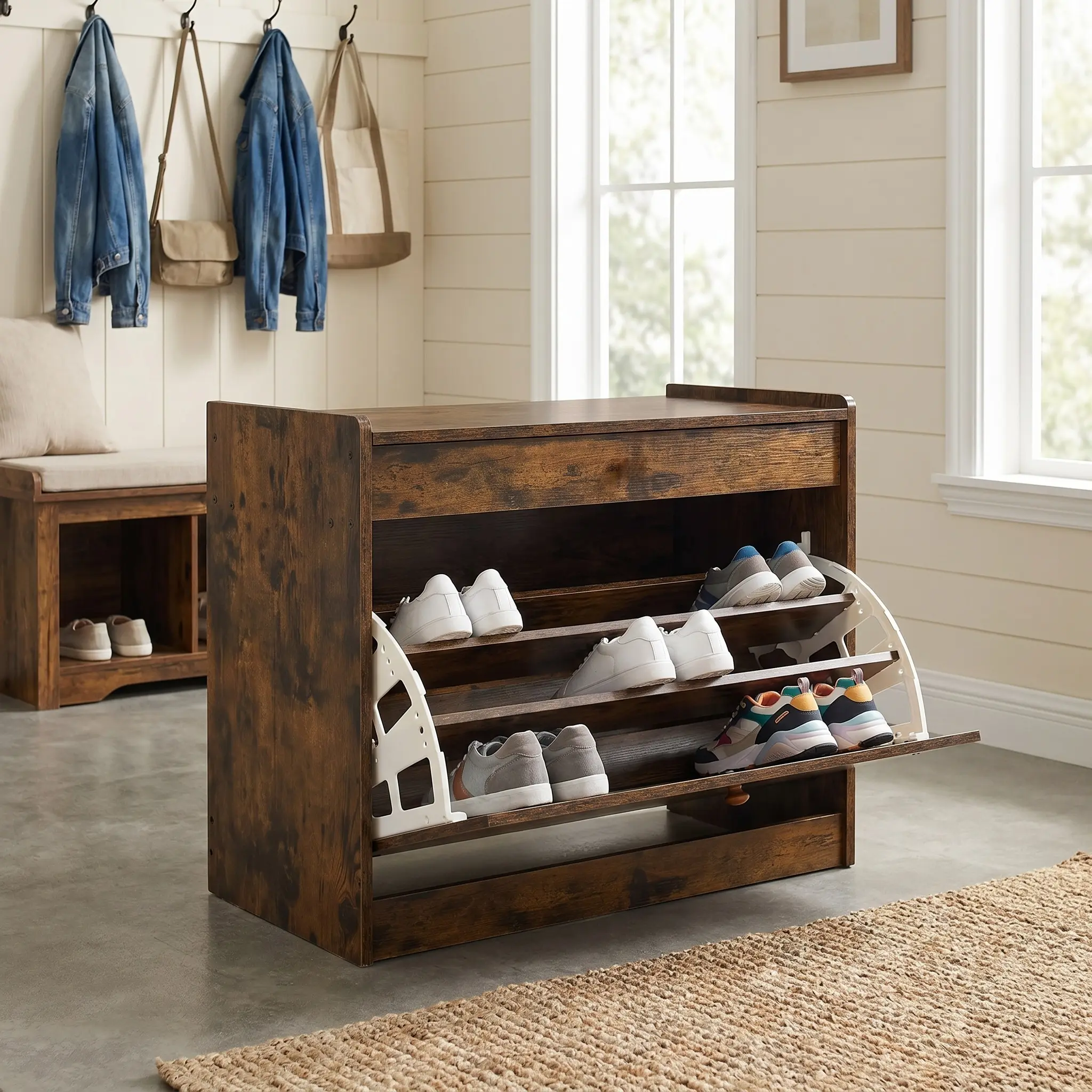 Shoe Storage Cabinet, 3 Flip Drawers Wooden Shoe Organizer, Space Saving Entryway Shoe Rack for Hallway, Bedroom