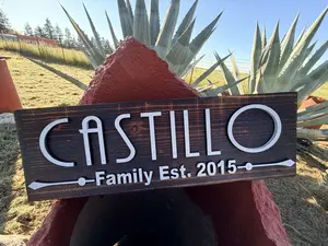 Family Last Name w/Est. Date Personalized Flamed Redwood sign. small 5.5x17 inches wide.