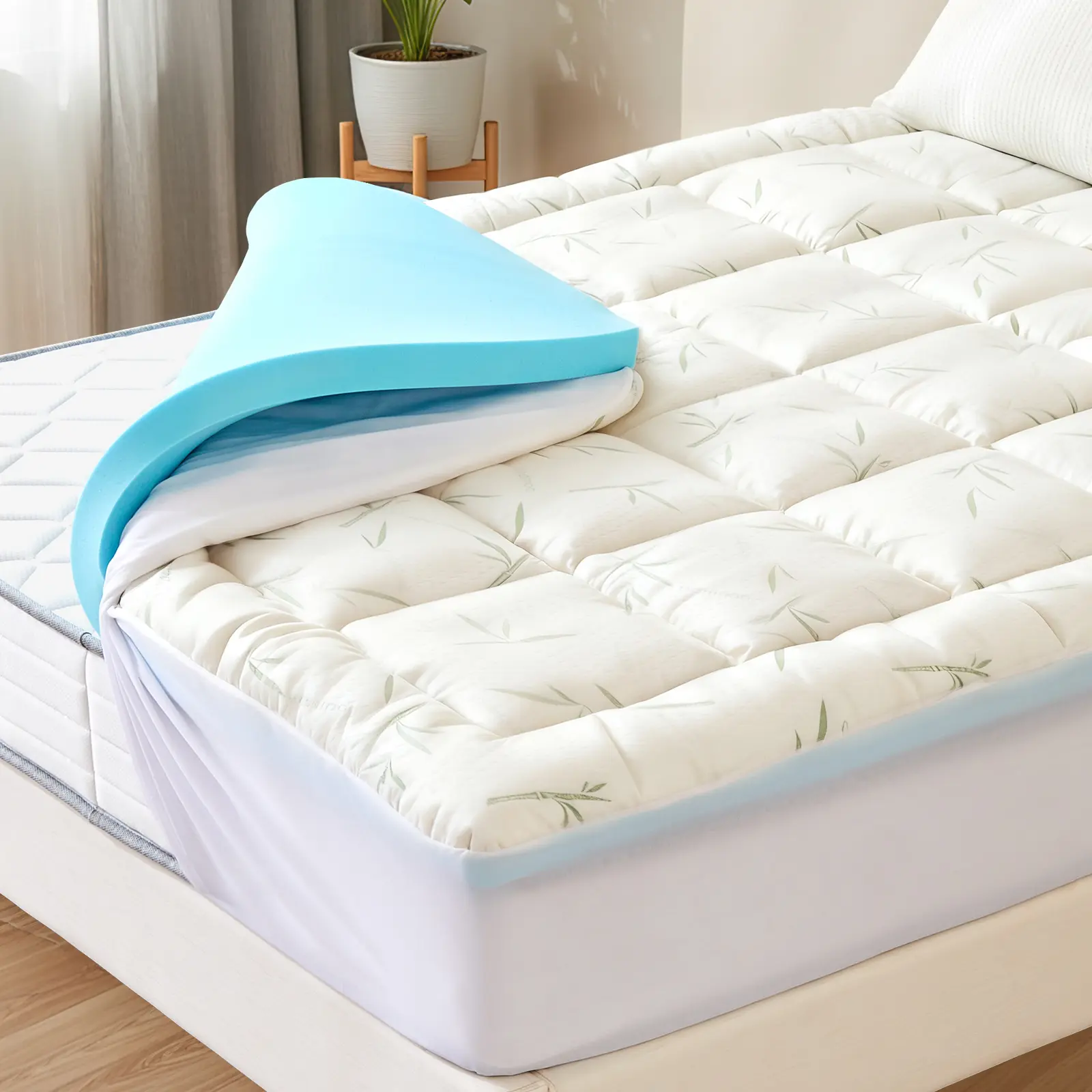Quilted Cooling Mattress Pad Bed Topper, 2-in-1 Adjustable Double-Layer Durable Memory Foam Filled, Breathable Cloud-Like Comfort Cooling Gel