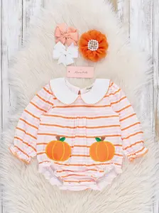 Embroidered Striped Preppy Pumpkin Bubble Romper