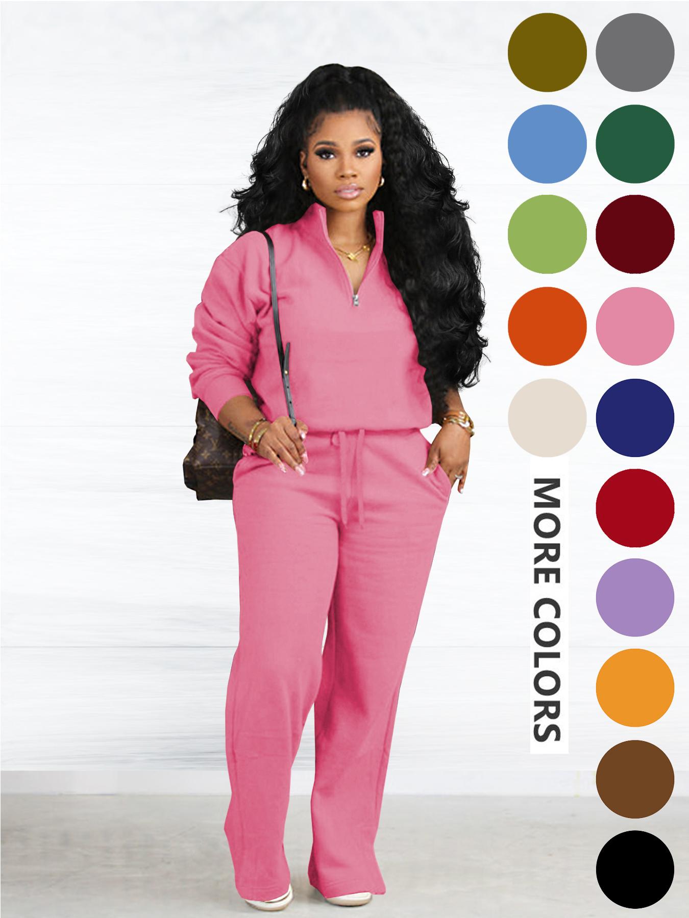 Women's Two-piece Set Solid Zip Up Funnel Neck Sweatshirt & Drawstring Waist Pants Casual Fall Winter Workout Sets Cozy Drop Shoulder Long Sleeve Top Pocket Trousers for Daily Outdoor Wear