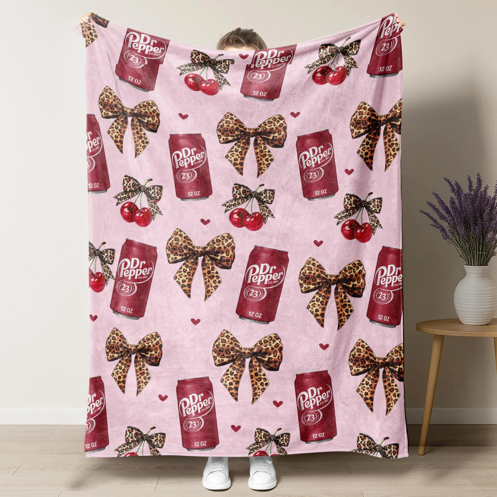 Dr Pepper Leopard Print Bow Flannel Blanket - Cozy Soft Fluffy Fleece, Reversible Heavyweight, Decorative Giftable, Figure Print Slogan, Wrinkle Resistant, Little Girl Room Decor (Flannel Blankets)