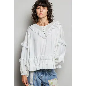 Natalie White Ribbed and Ruffle Top