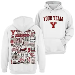 Custom University Hand Sketched Graphic Hoodie - White, Personalized College, Game Day Outfit, Cozy Vintage-Style Top for Sports Lovers