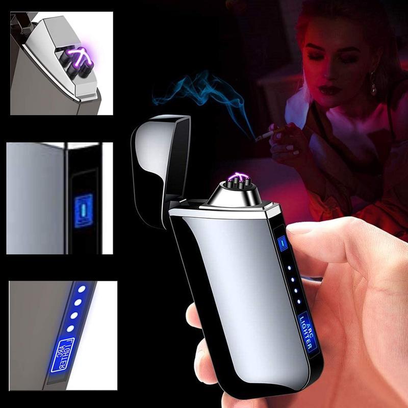 Electronic lighter, dual arc, windproof, LED power indicator, automatic protection, metal material, suitable for daily use such as candles, camping, kitchen, barbecue, etc. It can also be used as a unique gift for collection and decoration.
