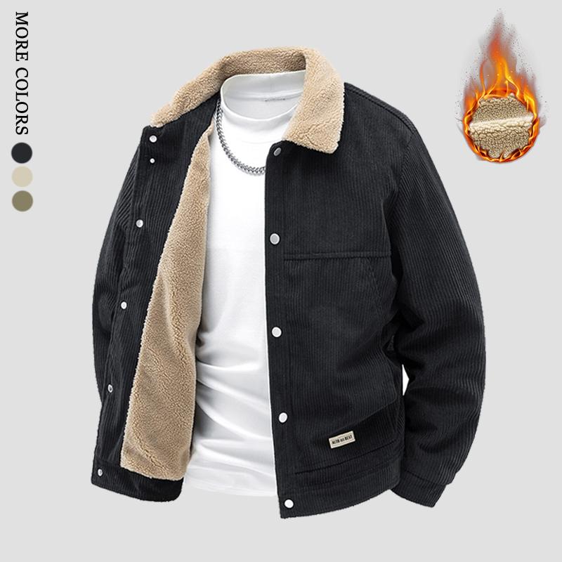 Men's Winter Corduroy Lined Fleece Collar Single Breasted Jacket - Thick Warm Coat with Ribbed Cuffs & Fashion Front Placket; Perfect for Outdoor Hiking, Jogging, Fishing, Gym Workouts or Casual Daily Wear; Fleece Lining Provides Windproof Structure.