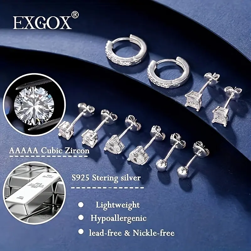 Women's 5-Pair S925 Real Silver Stud Earrings Set - Cubic Zirconia Stud & Hoop, Multi-Shape, Small Hoops, Hypoallergenic Minimalist Cartilage-Safe Jewelry for Daily Wear & Gifting, Cubic Zirconia Studs