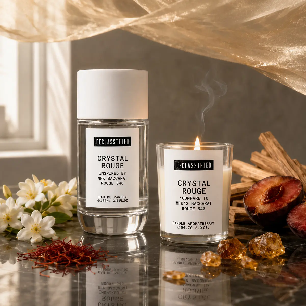 Declassified Crystal Rouge Eau de Parfum & Scented Candle Gift Set | Amber Woody Fruity Floral Fragrance | 100ml EDP + 2 oz Candle | Unisex
