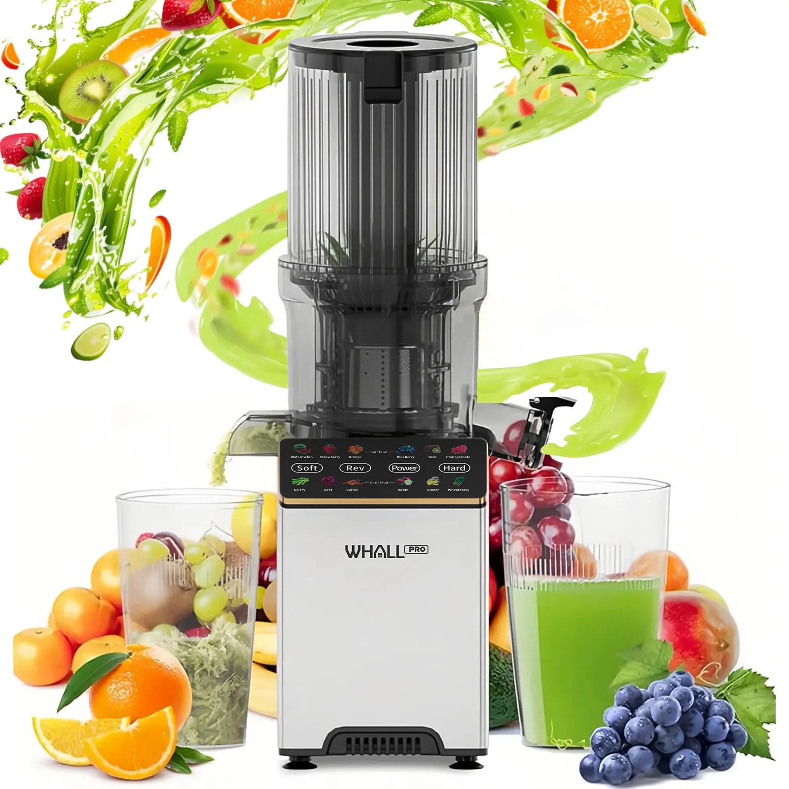 WhallPro Slow Cold Pressed Juicer Machine - 150W Touch Screen Fruit Juice Extractor, 4.5" Extra Large Feed Chute Whole Fruit Juicer, Durable, Reverse Function, Soft & Hard Modes, Safe Smart Design, 4.5" Feed Chute