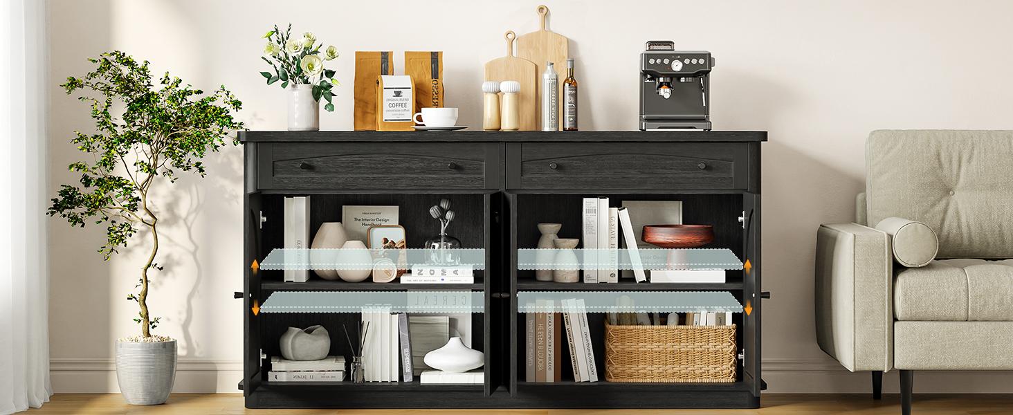 【SPOTLIGHT DAY】ONBRILL 63 Inch Buffet Cabinet with Storage, Curved Sideboard Cabinet with 2 Drawers and 4 Arched Doors, Storage Cabinets with Adjustable Shelves, Sideboard Buffet for Living Room, Kitchen