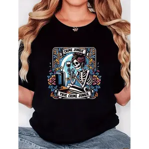 Women's Black Short Sleeve T-Shirt - Edgy Female Skeleton & Floral Print with " True Crime Fan" Graphic, Round Neck Casual Top for Spring/Autumn, True Crime Enthusiast Gear, Trendy Moon Phase Design, Comfortable Fit Tee