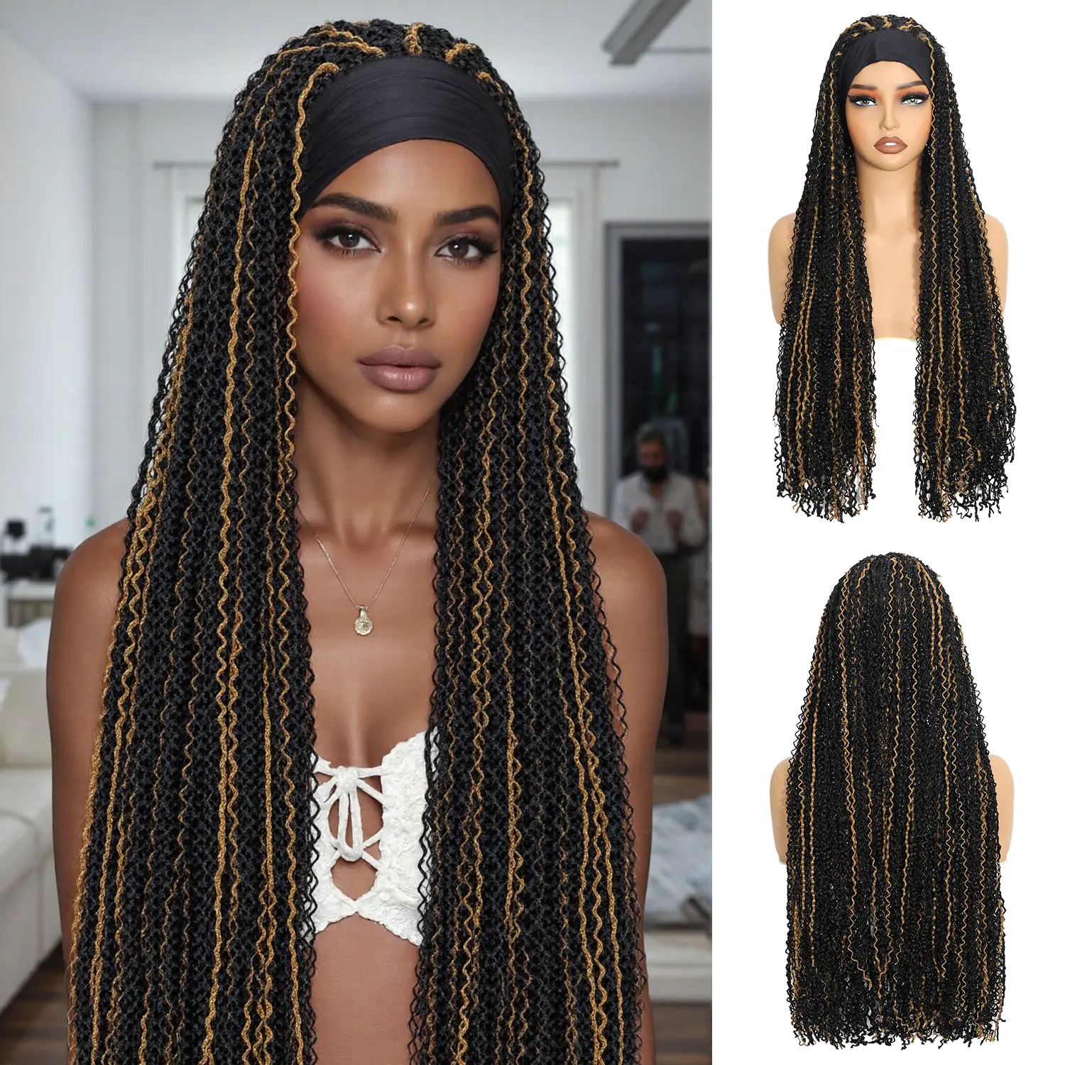 Ourwigs Braided Wigs with Headband Attached for Women Reggae Braids Wig Twist Crochet Hair Wrap Box Braid Long Crochet Twist Wig  28Inch(Black, Highlight) FallFreshness