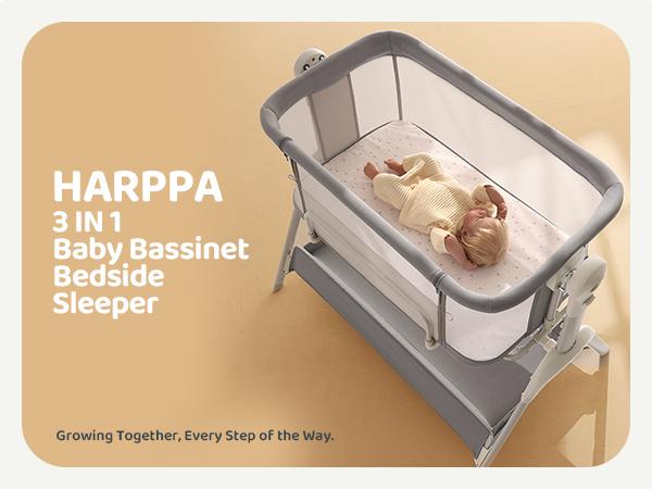 HARPPA 3-in-1 Rocking Baby Bassinet & Bedside Sleeper, Height Adjustable Crib,  Baby Bassinet with Wheels & Storage Basket, Sleeping Cot, Baby Essentials