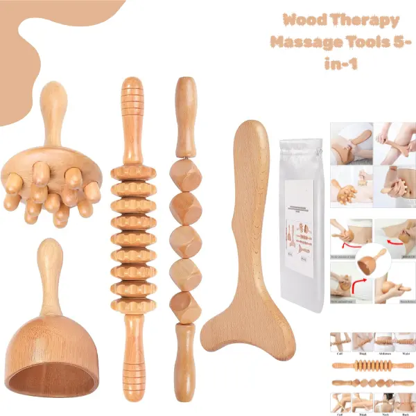 Wood Therapy Massage Tools 5-in-1 | Lymphatic Drainage Massager Kit | Anti Cellulite Wooden Massager | Body Sculpting & Body Contouring Roller | Maderoterapia Massage Tools for Muscle Pain Relief