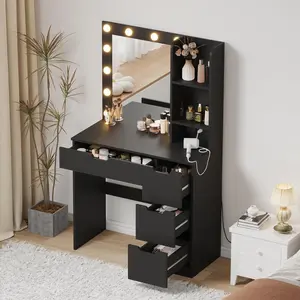 Black Vanity Desk with Mirror & Power Outlet, 3 Lighting Colors Vanity Desk with 4 Drawers & 12 Bulbs, Modern Dressing Table for Bedroom