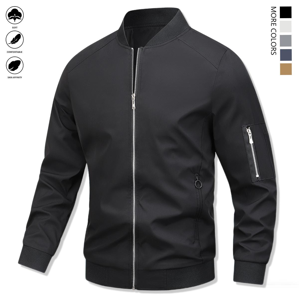 Men's casual spring-autumn lightweight windbreaker with zipper and multiple pockets, classic pilot jacket, using warm fabric, soft and comfortable, solid color collar, suitable for dates, running parties, gatherings, work and daily wear.