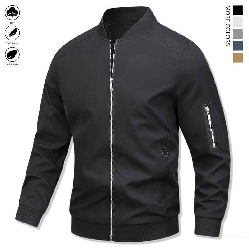 Men's casual spring-autumn lightweight windbreaker with zipper and multiple pockets, classic pilot jacket, using warm fabric, soft and comfortable, solid color collar, suitable for dates, running parties, gatherings, work and daily wear.