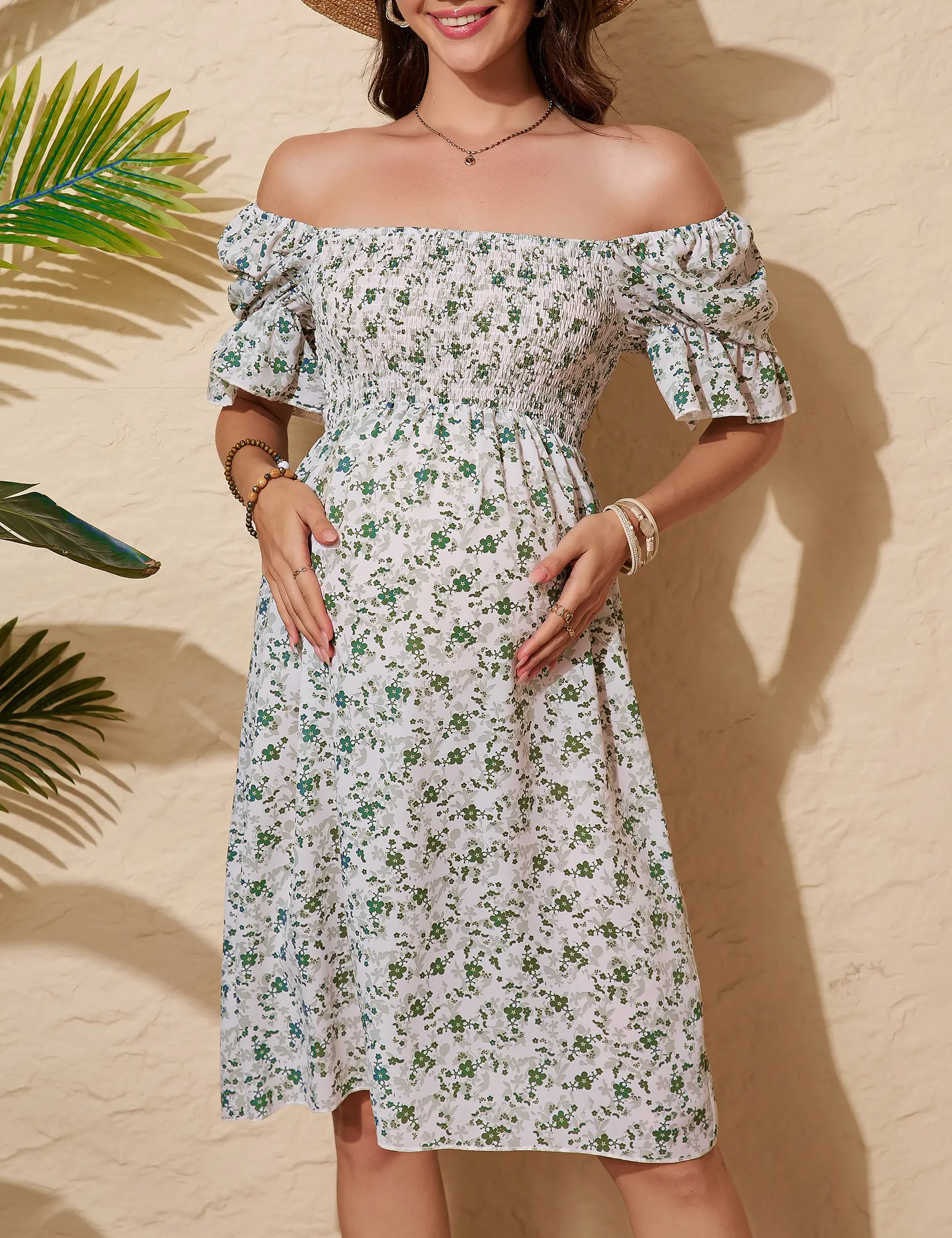 Women Square Neck Smocked Maternity Floral Dress Puff Short Sleeve Vintage A Line Pregnancy Midi Dress Casual Summer Baby Shower Dress for Daily Party Photoshoot-DTY