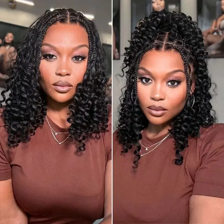Boho Braids Loose Wave 250% Density Glueless 13x6 Frontal Pre-Cut Lace Short Curly Human Hair Braided Wig With Drawstring Wear and Go Wig Natural Black Elegant Wig