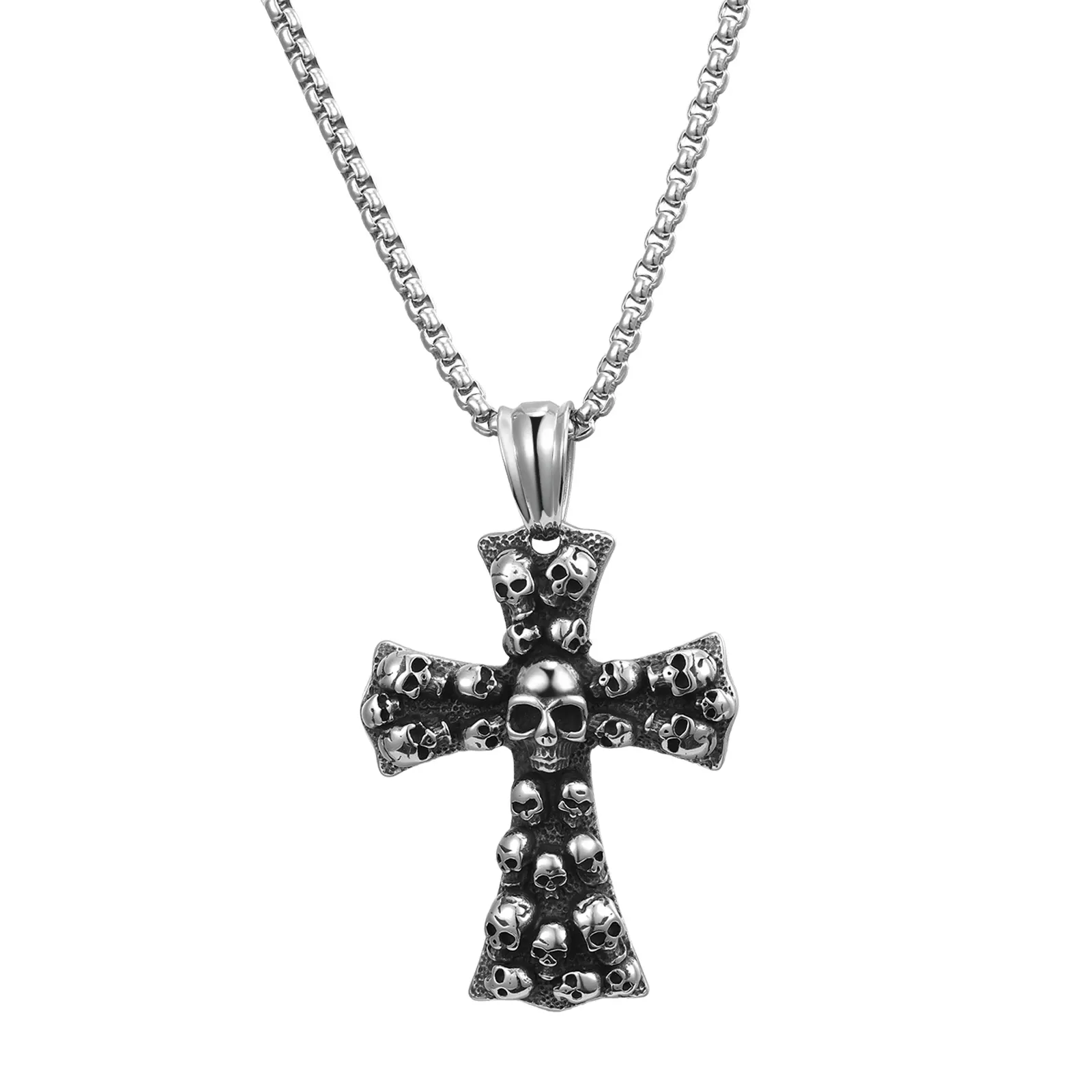 OIDEA Men's Gothic Skull Cross Necklace in Stainless Steel, Large Edgy Biker Pendant with 22" Chain for Rock Events, Edgy Styles, Vintage Punk, 22.05" (560Mm), 0.072Kg (2.57Oz), Chain & Link, Male, Unique Gothic Cross Design, Costume Jewelry Necklace, Cro