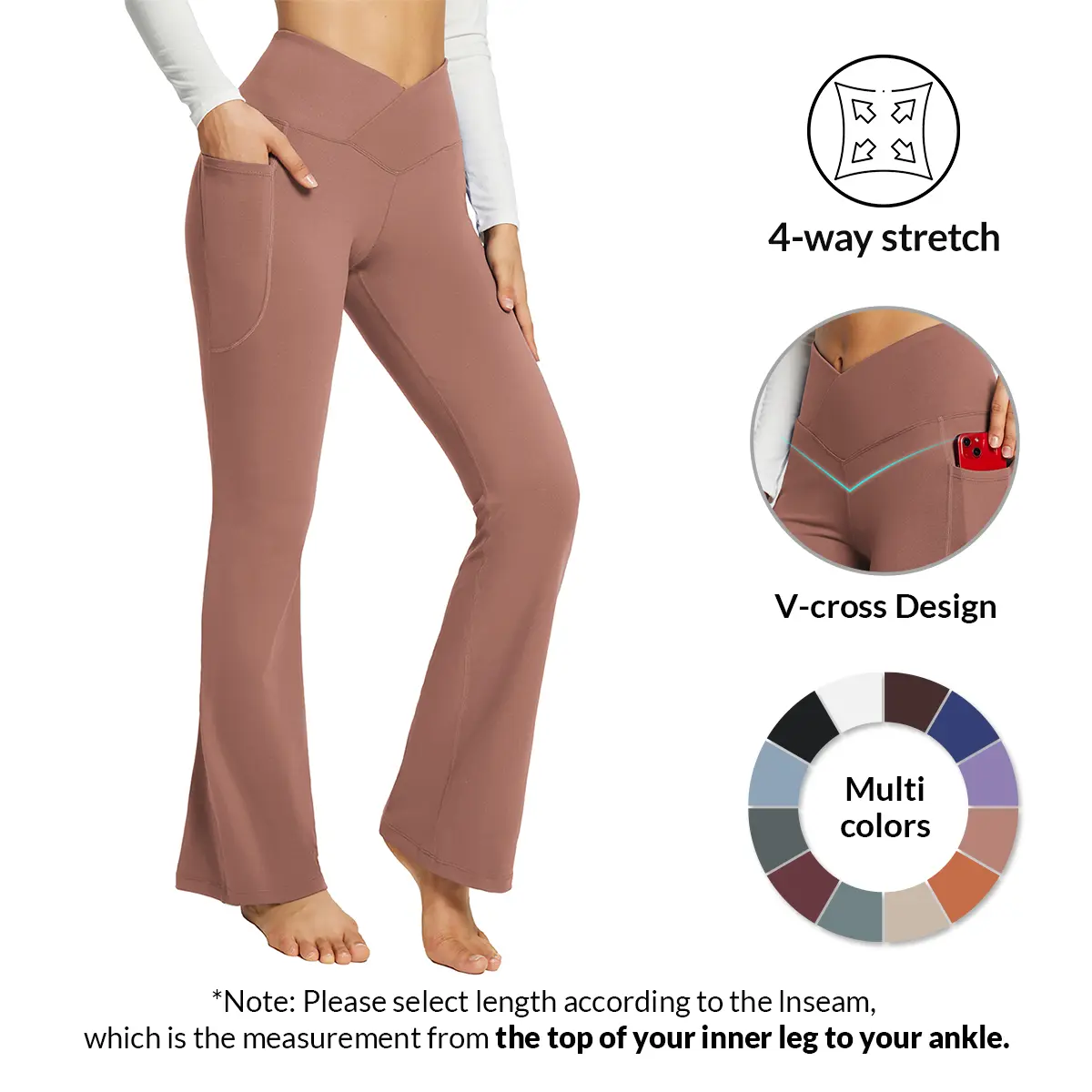 baleaf Women's Flare Leggings with Crossover High Waist, Stretchy Yoga Pants with Pockets for Lounge & Workout, Petite and Tall Sizes, Stretchy High Waist, Sports Bottoms
