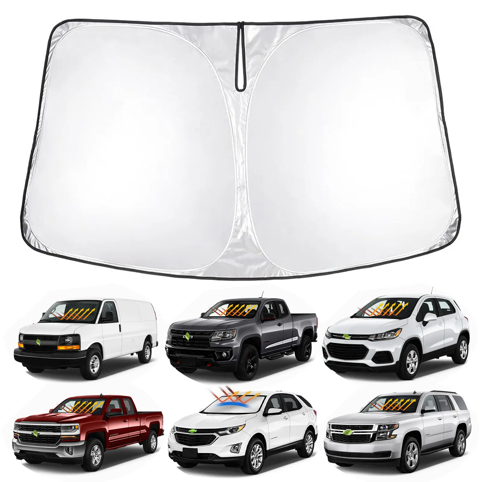 Canvcle Custom Fit Windshield Sun Shade for Chevrolet Equinox Tahoe Silverado 1500 Trax Colorado Express 1500/2500/3500/4500, 240T 5 Layers Reflective Fabric Foldable Sun Visor Blocks UV Rays Keeps Car Cooler, Fits Regular Crew Double Cab 2Dr 4Dr, Sun Sha