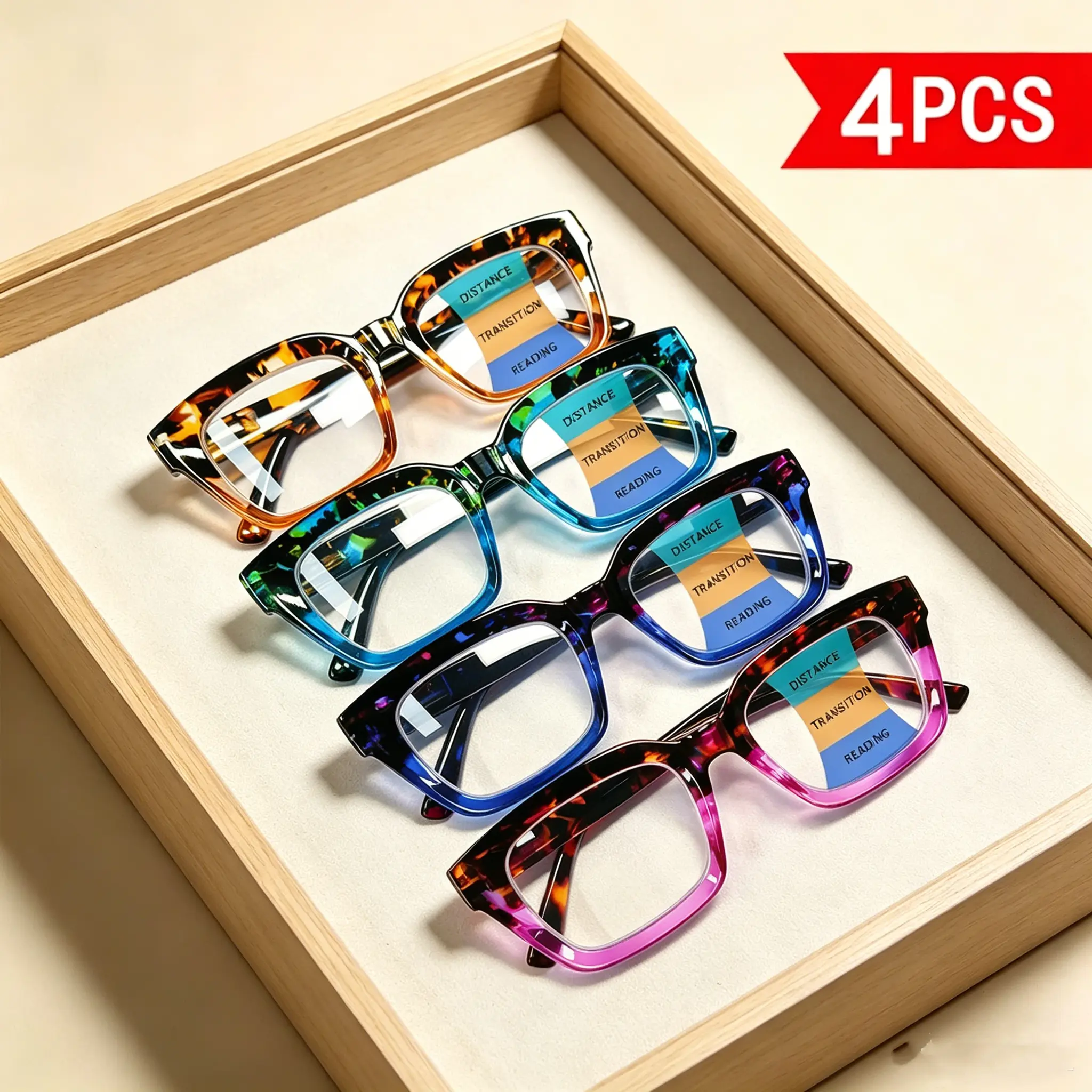 Unisex 4-Pack Lightweight Retro Square Frame Eyeglasses for Adults, Progressive Multifocal Reading Eyewear, Plastic Frames with Spring Hinges, Blue Light Blocking Full Rim Prescription Opt. Glasses