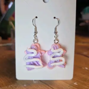 Handmade Gingerbread Earrings ~ Pink With Purple Frosting & White Icing Squiggle