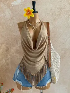 Soleia Women's Vacation Casual Textured Knit Halter Neck Sleeveless Top With Tassel Hem, Suitable For Beach, Holiday, Date, Wedding, Music Festival, Boho, Hippie, Can Be Worn Inside Or Outside, All Season Hippie Top Bohemian Top Cowgirl Top Fringe Top Sc