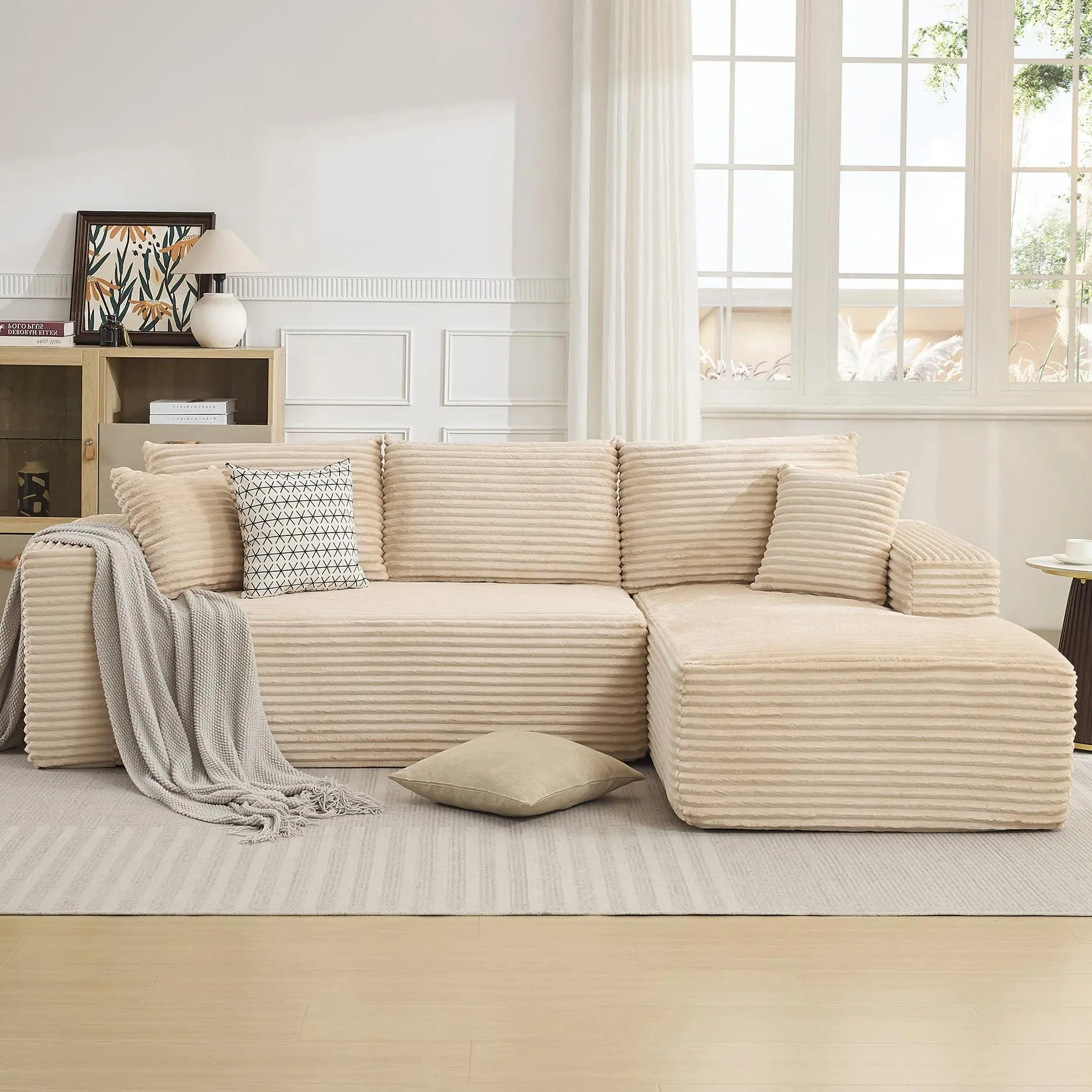 108" Beige Cloud Corduroy Modular Sectional Couch - Furniture, 2-Seater L-Shaped Sofa with Right-Facing Chaise, Extra Deep Seats, No Assembly, Modern Comfort for Living Room