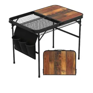 Foldable Camping Table with Storage Net, Adjustable Height Aluminum Grill Stand, Portable Picnic Table for 2-6 People, Lightweight Mesh Top BBQ Table for Tailgating & RV Travel