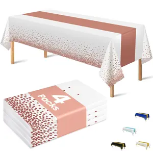 4-Pack Rose Gold & White Disposable Tablecloths, 54" x 108" for Birthdays, Showers & Parties