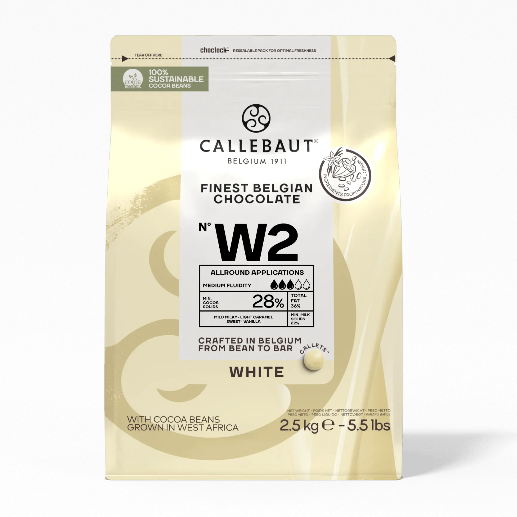 Callebaut Recipe No. W2 Finest Belgian White Chocolate With 28% Cacao, 22% Milk, 5.51 Pound