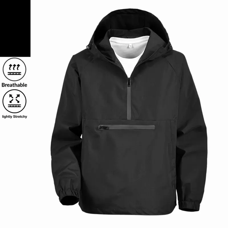 Men’s Stylish Plain Half-Zip Hooded Pullover Softshell Coat, Lightweight Breathable Stretchy Fabric, Waterproof Front Zippered Pocket, Drawstring Hood-Brim Cuffs, Windproof Menswear Top for Outdoor Commuting, Multi-Color Options, Coats
