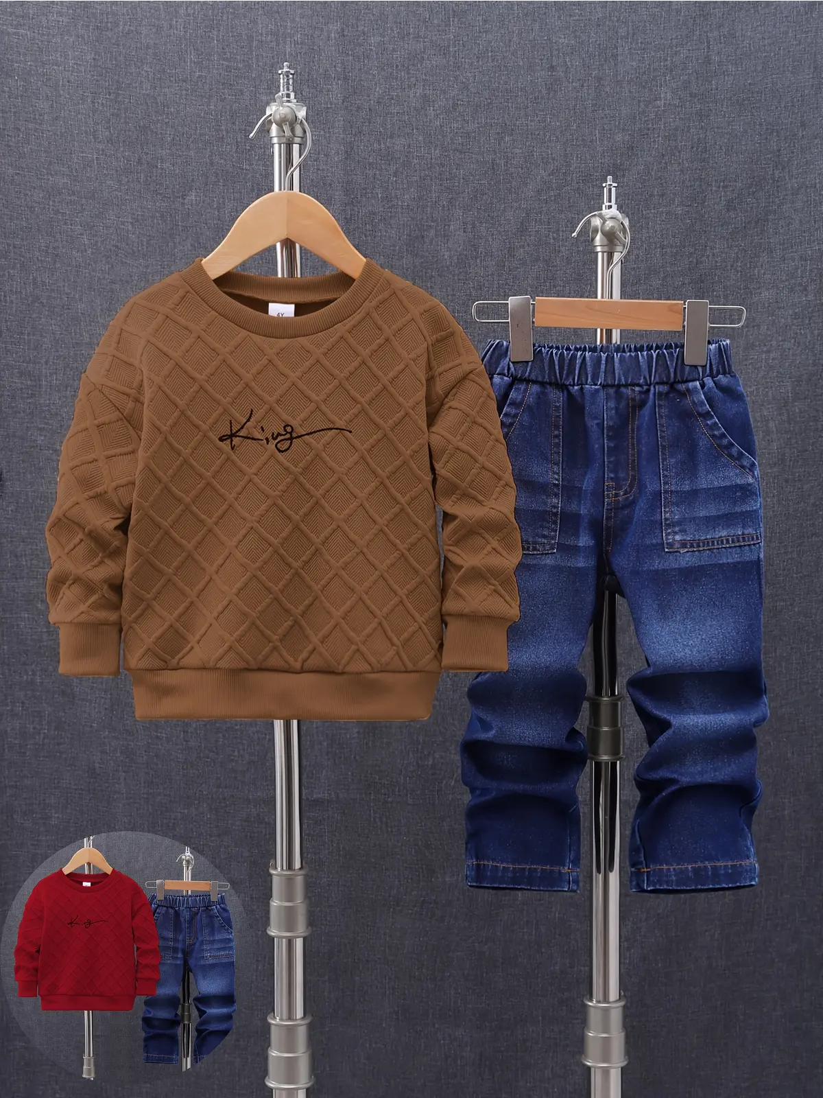 Ready Stock 4Y 5Y 6Y 7Y Toddler Boys Fall Winter Outfit Textured "King" Print Sweatshirt + Denim Pants Set 2Pcs Clothing 12410034-1